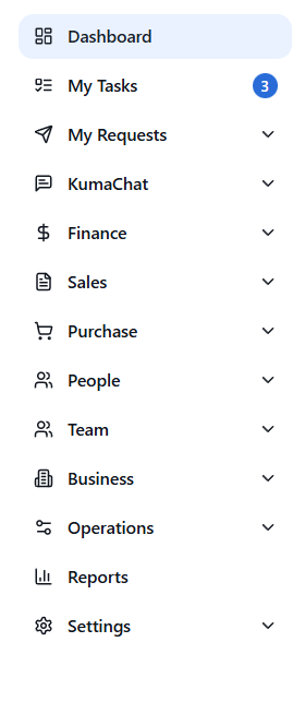 KumaWorks platform sidebar showing Dashboard, Tasks, KumaChat, Finance, Sales, Purchase, People, Team, Business, Operations, Reports, and Settings modules